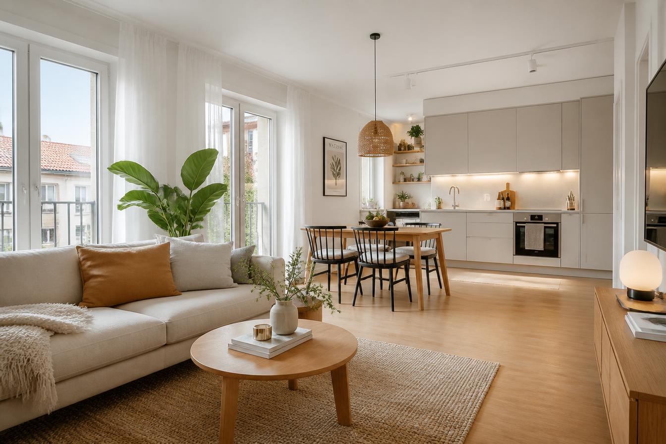 Bright Scandinavian apartment living room with open kitchen
